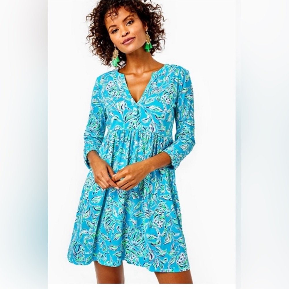 LILLY PULITZER Turquoise Oasis Small Loran V-Neck Swing Dress